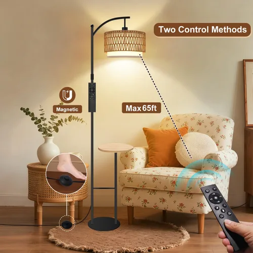 Vista 4 de Lámpara de pie de arco con mesa, lámparas de pie de ratán boho para sala de estar con control remoto regulable 3 temperaturas de color, lámpara