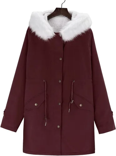 Vista 4 de SNKSDGM Abrigo de invierno con forro de piel sintética para mujer, abrigo de invierno con bolsillos, Rojo