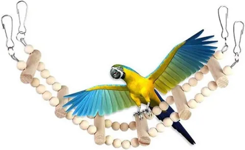 Vista 6 de 8 piezas de loros de pájaro juguetes para masticar columpios con cuentas, juguetes de madera natural para escalada para mascotas, campanas