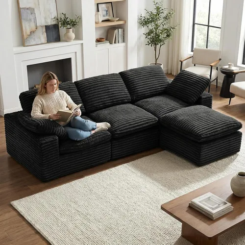 Vista 16 de KKL Sofá modular de 150 pulgadas, sofá modular en forma de U con otomana, sofá de pana sin hueso para sala de estar y dormitorio, sofá modular Negro