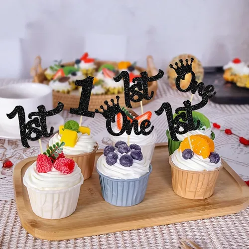 Vista 8 de 24 piezas de adornos para cupcakes de primer cumpleaños con purpurina, decoraciones de pastel de primer cumpleaños, palillos para cupcakes "One