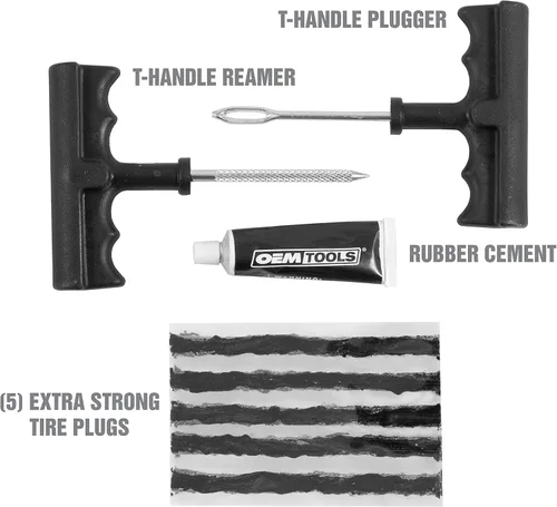 Vista 2 de OEMTOOLS 26683 Kit de Parches para Neumáticos de 8 Piezas, Kit de Reparación de Neumáticos, Herramientas de Parche con Mango en T para Neumáticos