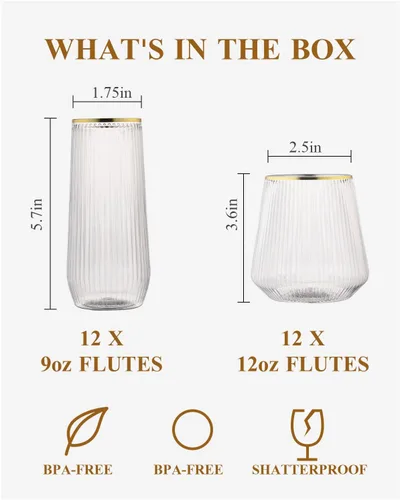 Vista 3 de BESTSTAR 24 Pack Plastic Ribbed Origami Ripple Plastic Glasses Set - 12 9 OZ Stemless Champagne Flutes & 12 12OZ Cups, BPA-Free Shatterproof Clear