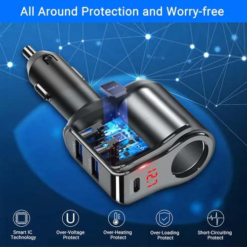 Vista 8 de Adaptador de cargador de coche PD USB C de 200 W: divisor de enchufe de encendedor de cigarrillos de 12 V Enchufe de CC de 12 voltios Toma