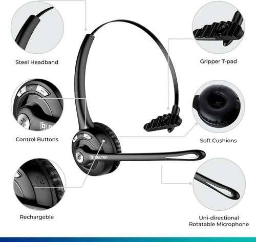 Vista 5 de Delton Auriculares Bluetooth Trucker 10X, auriculares inalámbricos con micrófono, sobre la cabeza con micrófono para Skype, centros de llamadas