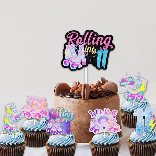Vista 5 de 18 patines con purpurina, 12 piezas de decoración de cupcakes, 1 selección de decoración de pastel para 80 y 90, estilo retro, hip hop, patinaje