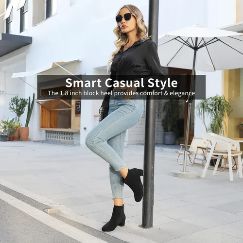 Vista 4 de CAMSSOO Botas de tobillo Gogo cortas de gamuza para mujer, botas de tacón bajo y medio, botas con cremallera lateral