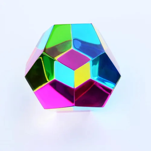 Vista 2 de CMY Cubes The Mundus (1.969 in) - Poliedro cian, magenta y amarillo - Dodecaedro de mezcla de colores sustractivo - enseña la mezcla