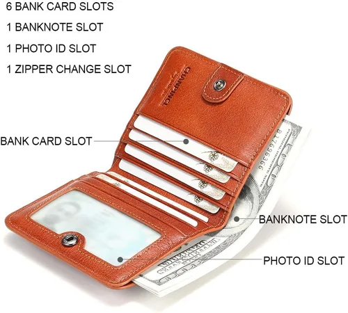 Vista 3 de Cartera de cuero con cremallera para hombre, con bloqueo RFID, mini billetera portátil con múltiples ranuras para tarjetas para billetes, marrón