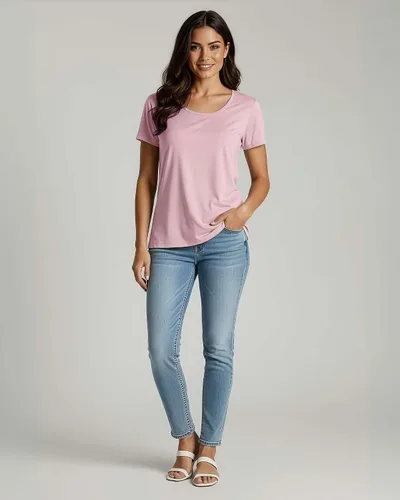Vista 5 de Real Essentials Paquete de 4 camiseta de manga corta de algodón para mujer, camiseta casual con cuello redondo (disponible en tallas grandes)