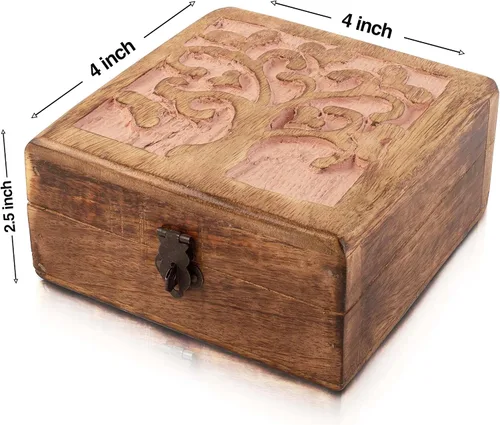 Vista 3 de Gran regalo de cumpleaños, caja de joyería decorativa de madera hecha a mano con tallado del árbol de la vida, cerradura y llave, organizador