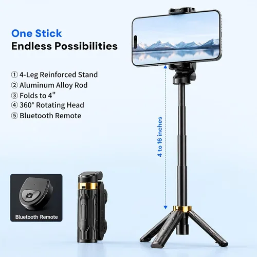 Vista 2 de Mini Selfie Stick Tripod, 4" Pocket-Sized Selfie Stick with Bluetooth Remote, 4-Leg Reinforced Stand, 360° Rotation, 3.8 oz Lightweight for