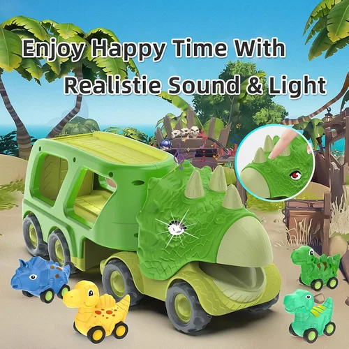 Vista 6 de Juguetes de dinosaurio para niños de 2 a 4 años, camión transportador de automóvil de dinosaurio con 4 autos de dinosaurio de tracción hacia atrás
