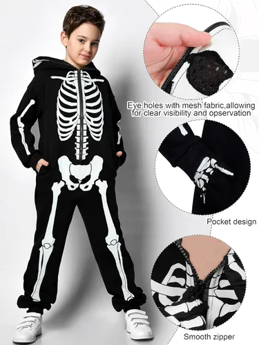 Vista 3 de SOMSOC Disfraz de esqueleto de Halloween para niños, disfraz de esqueleto brillante para Halloween, guantes que brillan en la oscuridad, overol