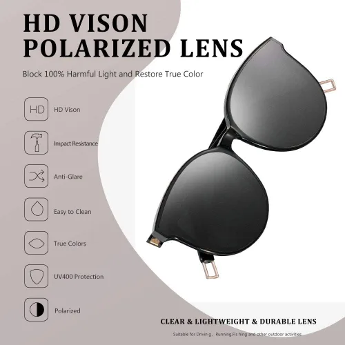 Vista 4 de Lentes de sol polarizados de gran tamaño para mujeres y hombres, lentes de sol de ojo de gato, lentes de sol retro con montura grande, color negro