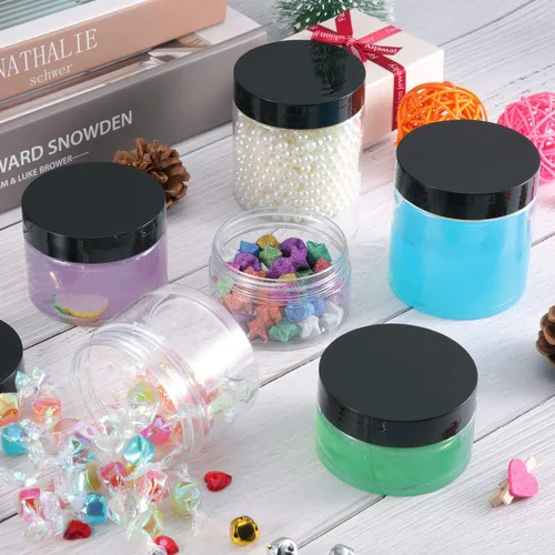 Vista 6 de 36 tarros de plástico redondos transparentes a prueba de fugas para cosméticos con forro interior y tapas negras para lociones, ungüentos Negro