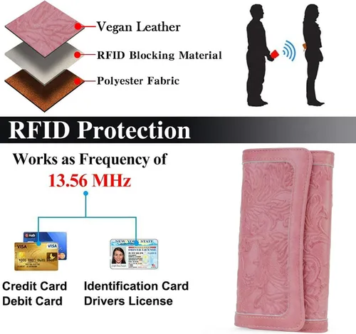 Vista 43 de MEITRUE Cartera de cuero para mujer, con bloqueo RFID, triple pliegue, con relieve, soporte para tarjetas, organizador de chequera para teléfono