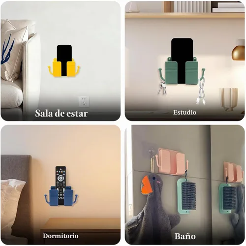 Vista 5 de 4 soportes de pared para teléfono, soporte de carga adhesivo para teléfono y soporte de control remoto, bolsillo multiusos para enchufe, caja