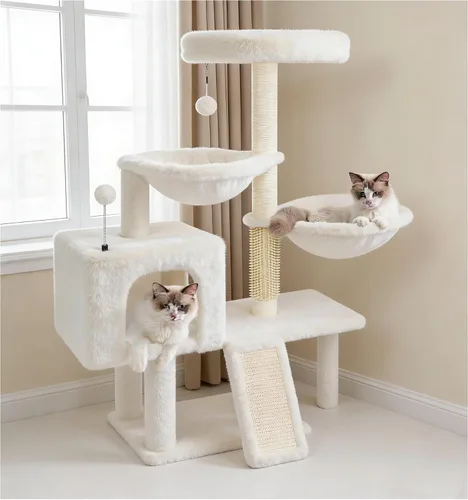 Vista 2 de ROYPET Árbol para gatos con condominio para gatos y dos hamacas, torre para gatos con postes rascadores y almohadillas para rascar, color beige
