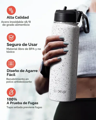 Vista 3 de Coolflask Botella de agua de 24 onzas aislada con pajilla, 3 tapas de metal de acero inoxidable, botella de agua de boca ancha para deportes u