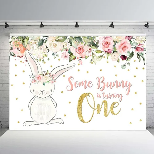 Vista 9 de MEHOFOTO - Telón de fondo para fiesta de cumpleaños de 8 x 6 pies, diseño floral rosa con purpurina dorada con texto en inglés "Some Bunny One Girl