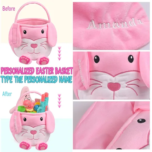 Vista 3 de Cesta de Pascua personalizada para niños, conejo rosa