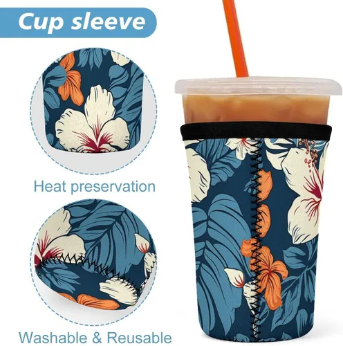 Vista 3 de Yellow Dragon Black Background Hawaii Flower Reusable Insulated Neoprene Iced Coffee Cup Sleeves 3 Sizes Diving Material Cup Durable Beverage Covers