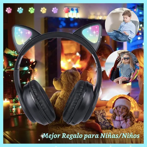 Vista 3 de Auriculares inalámbricos para niños y niñas con orejas de gato, LED que brillan con luces Bluetooth con micrófono para Negro