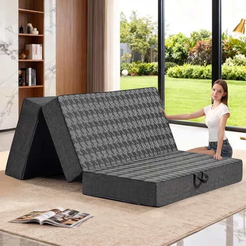 Vista 9 de Colchón triple plegable tamaño matrimonial – Colchón plegable de espuma viscoelástica de doble capa de 6 pulgadas, sofá cama portátil con funda