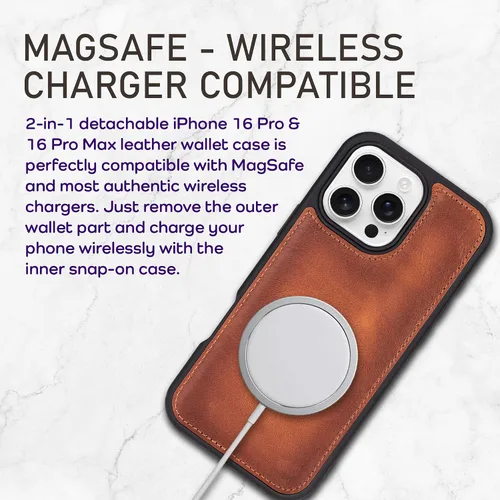 Vista 53 de Bayelon Funda tipo cartera para iPhone 15 Pro, cartera de cuero de grano completo, funda magnética desmontable, tarjetero, funda tipo cartera