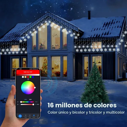 Vista 3 de Luces inteligentes de carámbano de copo de nieve de Navidad, 16.4 pies, 192 LED, 16 gotas, control remoto con aplicación enchufable en 16 millones