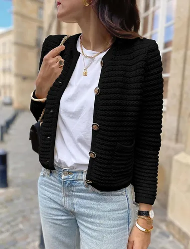 Vista 2 de PRETTYGARDEN Suéteres tipo cárdigan para mujer 2023 para otoño, frente abierto, con botones, manga larga, bolsillos, informal, de punto grueso, ropa