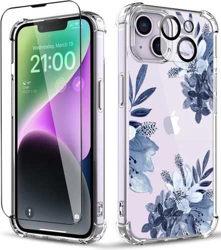 Vista 10 de Funda para iPhone 14, [3 en 1] con protector de pantalla y protector de lente de cámara, diseño de patrón de flores, transparente, suave, a prueba