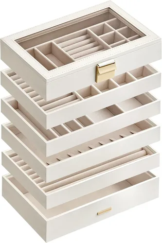 Vista 9 de SONGMICS Bandejas de joyería apilables, caja de joyería de 6 niveles, organizador de joyas con cajón, con tapa de vidrio, divisores extraíbles
