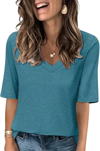 Vista 14 de Minetom Camisetas de verano básicas de media manga con cuello en V para mujer