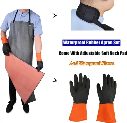 Vista 2 de TonLing Delantal de Goma Impermeable con Guantes de Goma Gruesos para Hombres y Mujeres, Delantales Químicos de Servicio Pesado con Almohadilla
