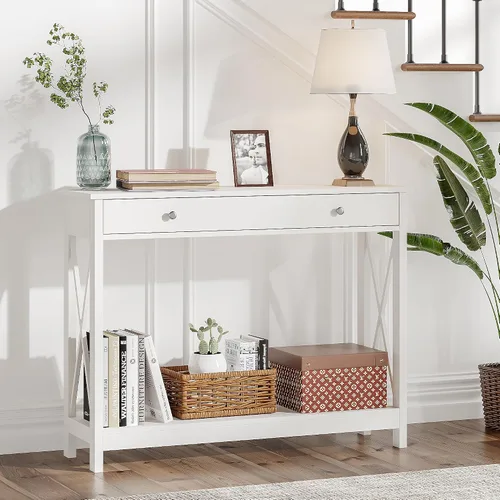 Vista 11 de Mesa consola de madera Treocho Farmhouse con cajón y estantes de almacenamiento, mesa de sofá estrecha para entrada, sala de estar, pasillo