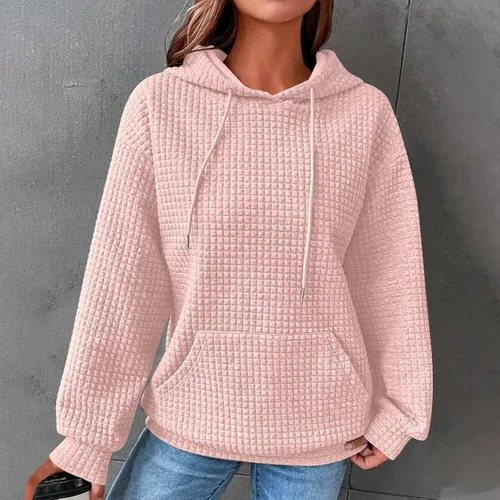 Vista 2 de Sudaderas con capucha para mujer, de gran tamaño, con cordón, de punto gofre, de manga larga, casual, a la moda, ropa de otoño