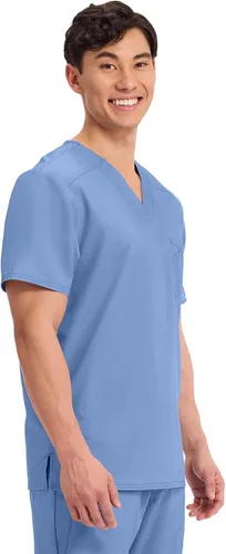 Vista 5 de Cherokee Camisa quirúrgica para hombre con cuello en V para meter dentro, un bolsillo en el pecho, ranura para bolígrafo, tela ultra suave