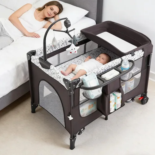 Vista 8 de Cuna de bebé de 5 en 1 para poner junto a la cama con tubo de columpio que se convierte en cuna, cuna con colchón, cambiador de pañales desmontable