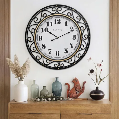Vista 8 de SwallowLiving 20 Inch Large Metal Wall Clock – Modern Minimalist Decorative Silent Non-Ticking Hanging Clock with Gold Accent Scrollwork Design for