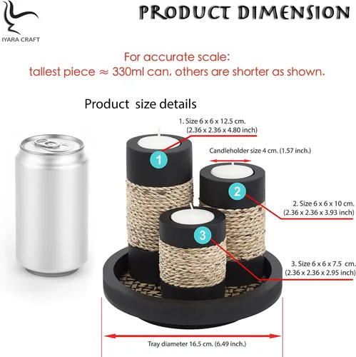 Vista 3 de IYARA CRAFT Portavelas Tealight con bandeja, juego de 3 portavelas de madera rústica negra con acento de cuerda natural, acogedor centro de mesa