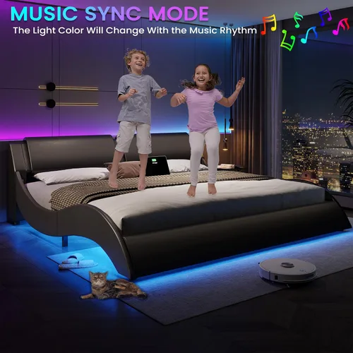 Vista 5 de DICTAC Base de cama King con puertos de carga y cabecero, base de cama de plataforma tamaño King con luces LED onduladas como curvas, soporte