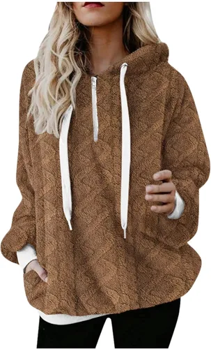 Vista 3 de Sudaderas con capucha para mujer con cremallera de gran tamaño, de forro polar, con estampado de moda, sin botones, con bolsillo, Rosado