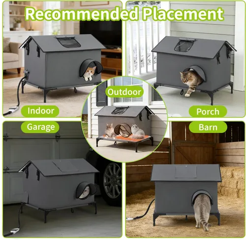 Vista 6 de Casa extragrande para gatos al aire libre, resistente a la intemperie, aislada para interiores y exteriores, casa para varios gatos con puerta