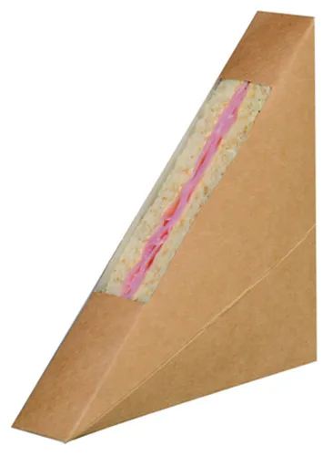 Vista 9 de PacknWood - 209KCK7212 - Cajas en forma de triángulo - Caja de sándwich triple Kraft con ventana - Cajas de papel reciclable para almuerzo - Caja