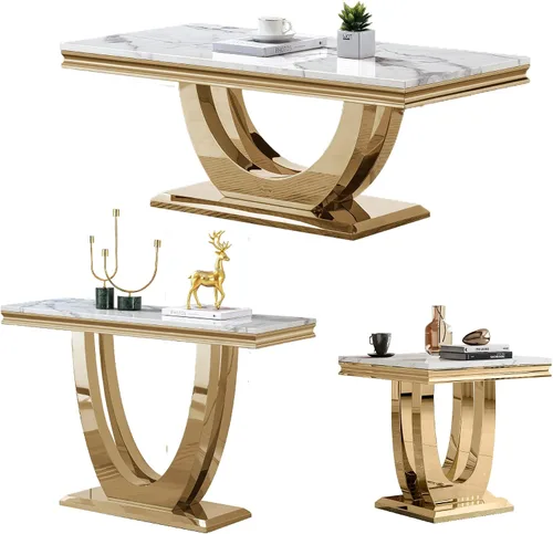 Vista 10 de SSLine Moderna mesa de centro de 1 pieza para sala de estar, mesa de centro de lujo de mármol sintético con patas de acero inoxidable en forma de S