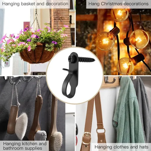 Vista 6 de Ganchos para colgar luces, ganchos de tornillo para luces colgantes, clips LED, acero inoxidable, negro, paquete de 20