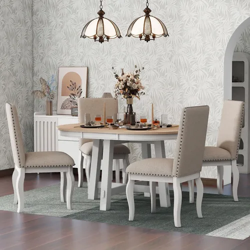 Vista 21 de Knocbel Juego de mesa extensible para 4-6, mesa de comedor redonda ovalada con 4 sillas tapizadas, juegos retro de 5 piezas con base de madera