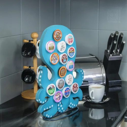 Vista 2 de Soporte de cápsulas de café para encimera frontal compatible con K-Cups, decoración de barra de café para el café del hogar (pulpo azul)